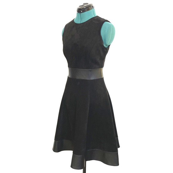 Calvin Klein Black Fit and Flare Dress‎ Faux Suede with Leather Trim Size 2 EUC - Picture 2 of 9